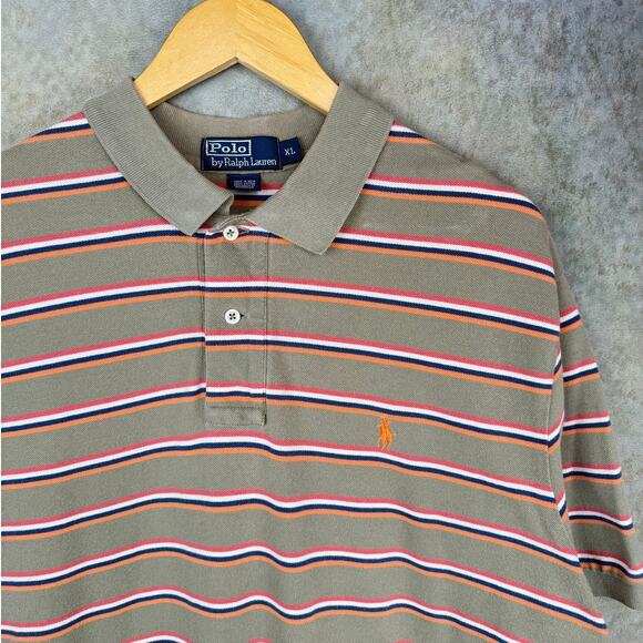 VTG 90s Polo Ralph Lauren Polo Shirt Mens Sz XL Striped Tan Colors Retro - Picture 5 of 8